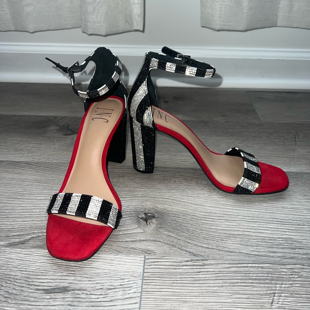INC Black and White with a Pop of Red Rhinestone Block Heels